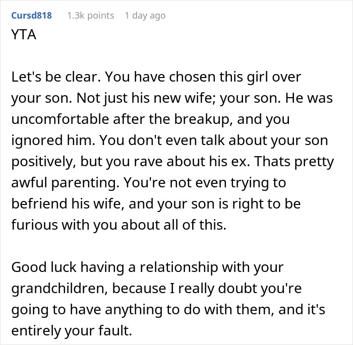 “AITA For Telling My Son’s Wife That His Ex Is In The Family And Has Been Here Longer Than She Has”