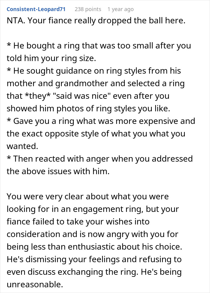 Guy Listens To His Mom’s Advice When Getting Proposal Ring, Instead Of Fiancée’s Detailed Requests