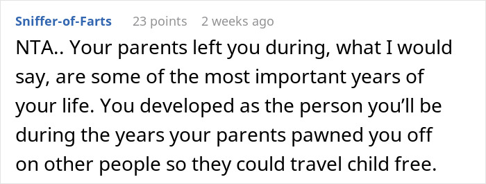 Comment text on a white background about parents leaving their 17YO during important years for a world trip. Comment text on a white background about parents leaving their 17YO during important years for a world trip.
