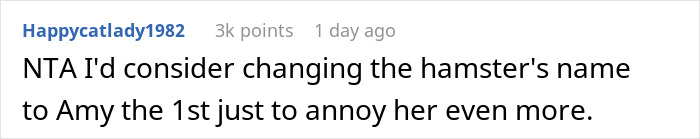 Parent Won’t Make Son Change Hamster's Name Which SIL Wants For Her Child, She Absolutely “Blows Up” Parent Won’t Make Son Change Hamster's Name Which SIL Wants For Her Child, She Absolutely “Blows Up”