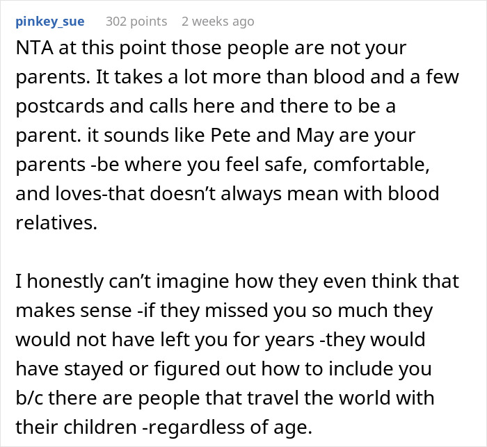 Screenshot of an online forum comment discussing a 17-year-old’s life changes after parents return from a 7-year world trip. Screenshot of an online forum comment discussing a 17-year-old’s life changes after parents return from a 7-year world trip.