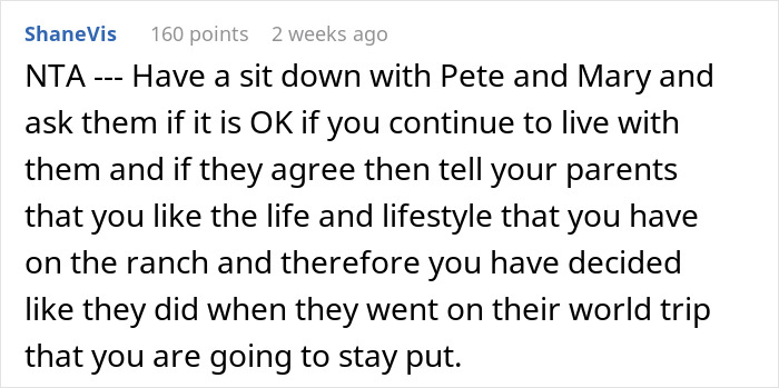 Comment discussing a 17-year-old’s life shaken up after parents return from a 7-year-long world trip and want her back. Comment discussing a 17-year-old’s life shaken up after parents return from a 7-year-long world trip and want her back.