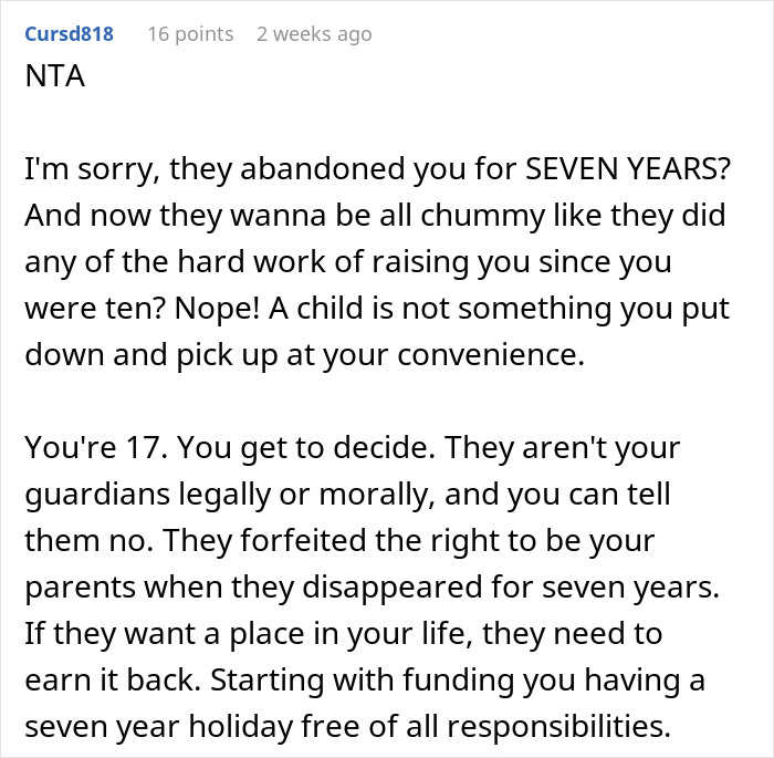 Screenshot of a text post discussing a 17-year-old's life shaken up after parents return from a seven-year-long world trip. Screenshot of a text post discussing a 17-year-old's life shaken up after parents return from a seven-year-long world trip.