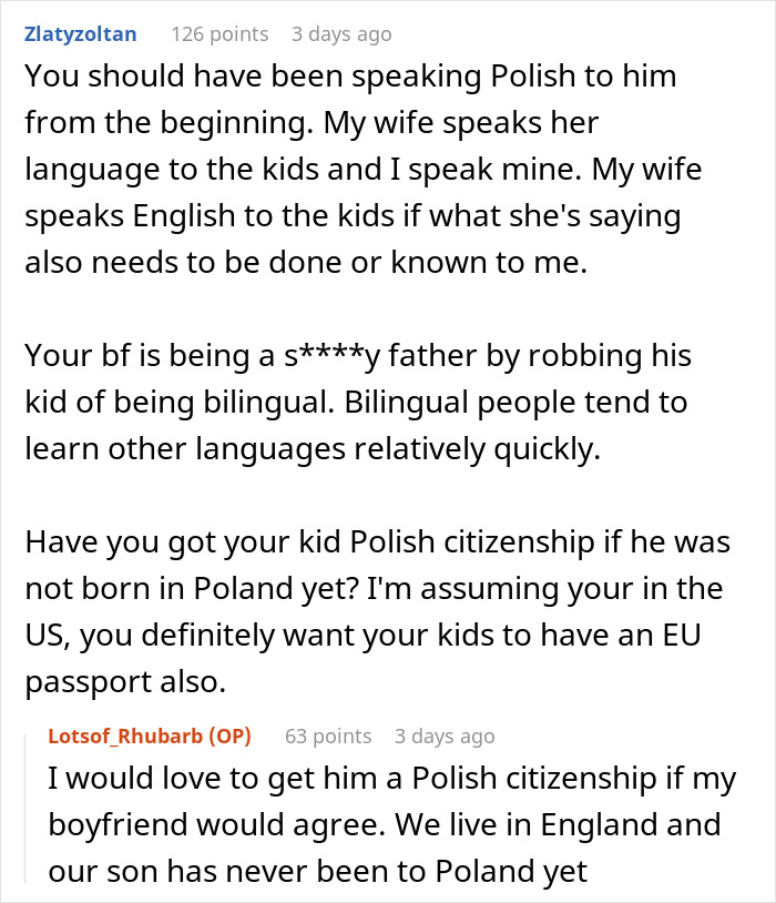 Comment discussing woman speaking Polish to their kid despite boyfriend’s request, highlighting bilingual parenting conflict. Comment discussing woman speaking Polish to their kid despite boyfriend’s request, highlighting bilingual parenting conflict.
