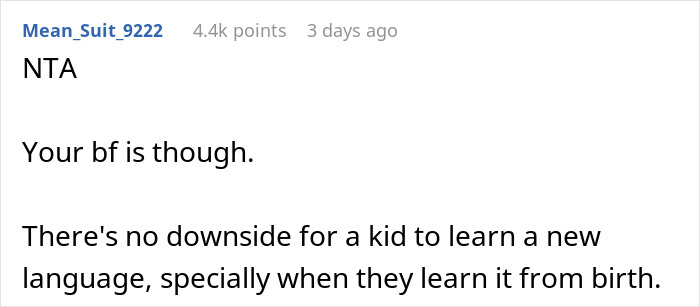 Screenshot of an online comment discussing a woman speaking Polish to her child despite her boyfriend's request. Screenshot of an online comment discussing a woman speaking Polish to her child despite her boyfriend's request.
