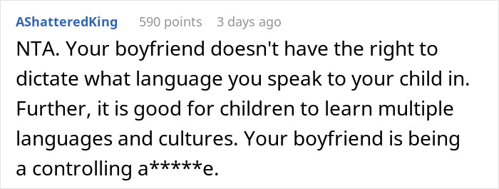 Screenshot of an online comment about a woman speaking Polish to her child despite boyfriend’s request, discussing language and control. Screenshot of an online comment about a woman speaking Polish to her child despite boyfriend’s request, discussing language and control.