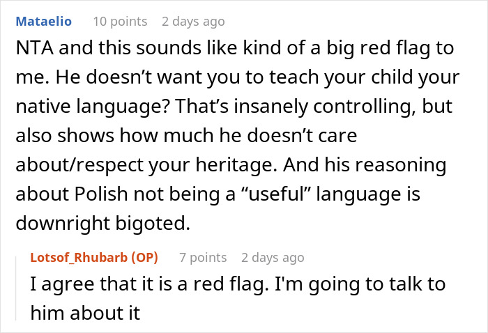 Screenshot of a Reddit conversation about a woman speaking Polish to her child despite boyfriend’s request. Screenshot of a Reddit conversation about a woman speaking Polish to her child despite boyfriend’s request.