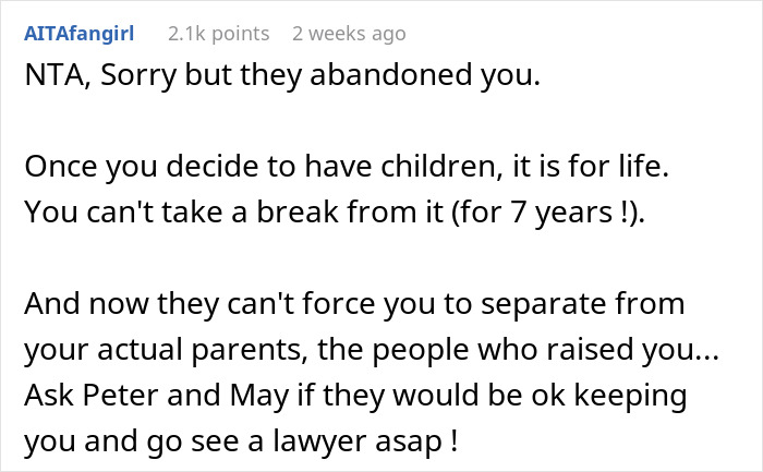 Comment discussing a 17YO’s life shaken up after parents return from a 7-year-long world trip and want her back. Comment discussing a 17YO’s life shaken up after parents return from a 7-year-long world trip and want her back.