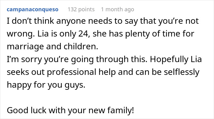 Comment expressing support for a woman facing family demands to give her baby to her sister, highlighting emotional challenges. Comment expressing support for a woman facing family demands to give her baby to her sister, highlighting emotional challenges.