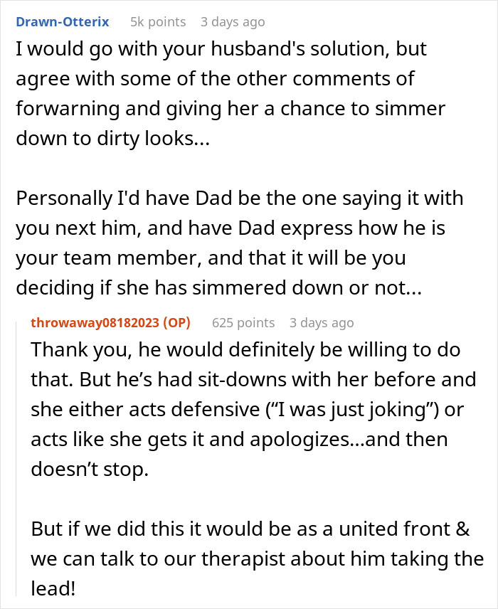 Reddit conversation discussing a mom tormented by her 14-year-old daughter and parenting solutions with Dad’s support. Reddit conversation discussing a mom tormented by her 14-year-old daughter and parenting solutions with Dad’s support.