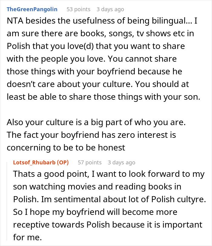 Reddit discussion on woman speaking Polish to her kid despite boyfriend’s request, highlighting cultural importance and bilingualism. Reddit discussion on woman speaking Polish to her kid despite boyfriend’s request, highlighting cultural importance and bilingualism.