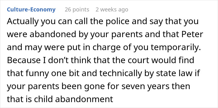 Comment discussing child abandonment and legal concerns after parents’ seven-year absence impacting a 17YO’s life. Comment discussing child abandonment and legal concerns after parents’ seven-year absence impacting a 17YO’s life.