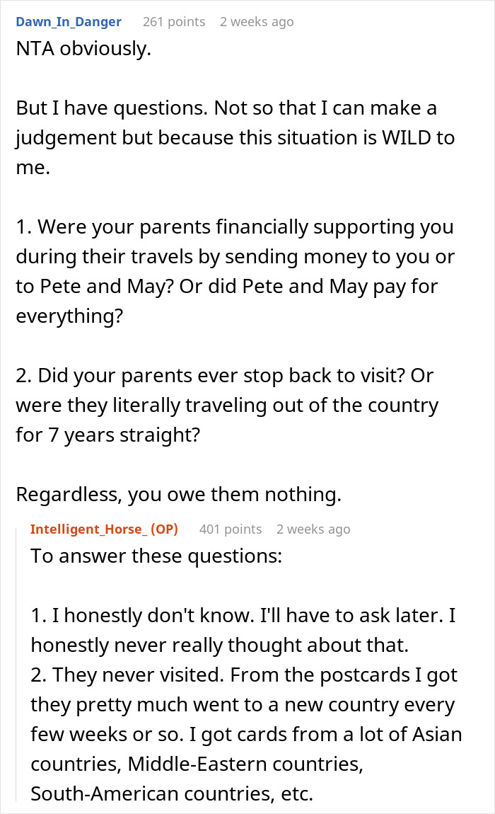 Screenshot of an online discussion about 17YO’s life after her parents return from a 7-year-long world trip. Screenshot of an online discussion about 17YO’s life after her parents return from a 7-year-long world trip.