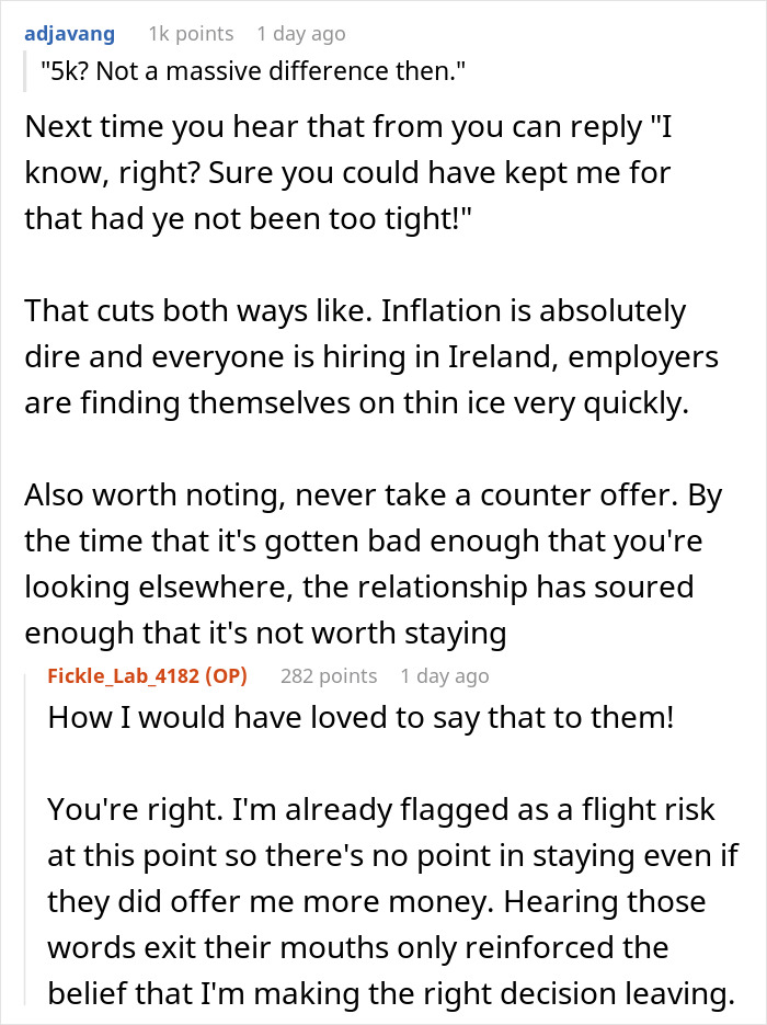 "5k? Not A Massive Difference, Then”: Boss Shames Worker For Quitting, Doesn’t Give Counteroffer "5k? Not A Massive Difference, Then”: Boss Shames Worker For Quitting, Doesn’t Give Counteroffer