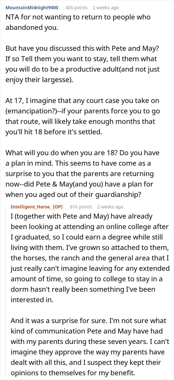 Reddit discussion about a 17YO’s life shaken up after parents return from a 7-year-long world trip and want her back. Reddit discussion about a 17YO’s life shaken up after parents return from a 7-year-long world trip and want her back.