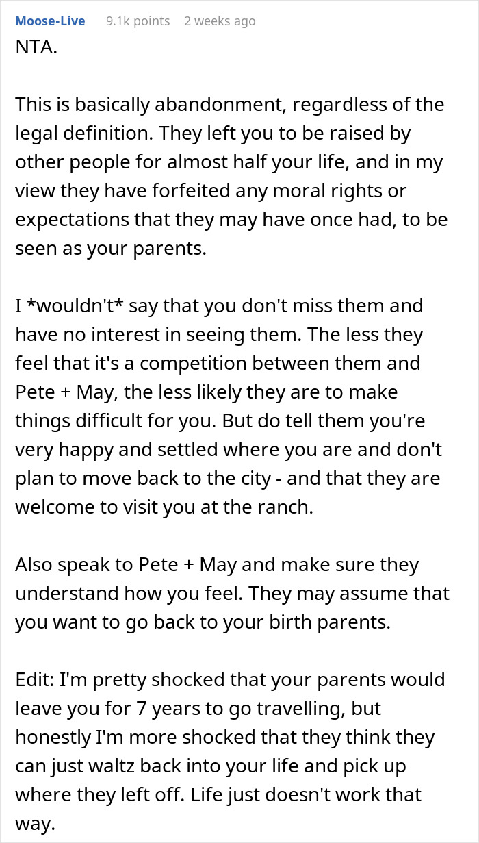 Comment discussing a 17YO’s life shaken up after parents return from a 7-year-long world trip and want her back. Comment discussing a 17YO’s life shaken up after parents return from a 7-year-long world trip and want her back.