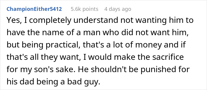Comment discussing rich grandparents' inheritance promise and a mother's reluctant sacrifice for her child’s benefit. Comment discussing rich grandparents' inheritance promise and a mother's reluctant sacrifice for her child’s benefit.