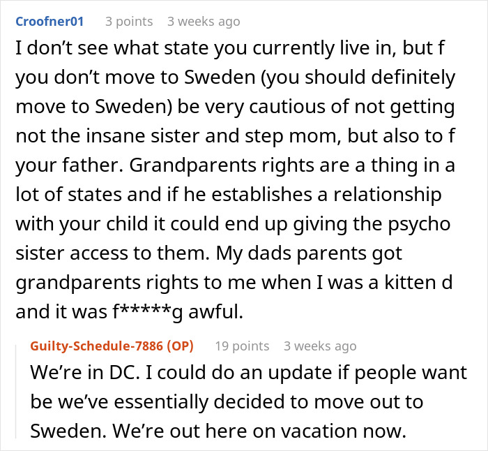 Reddit thread discussing family conflict and demands for woman to give her baby to her sister. Reddit thread discussing family conflict and demands for woman to give her baby to her sister.