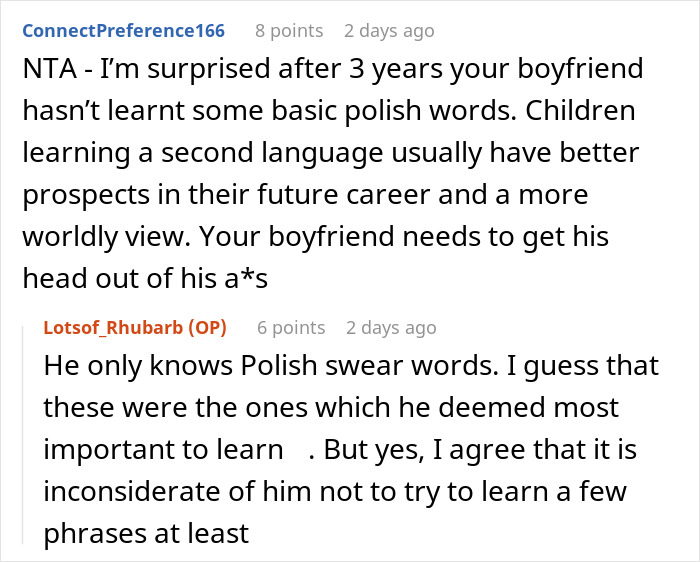 Screenshot of a Reddit conversation about a woman speaking Polish to her child despite boyfriend’s request to stop. Screenshot of a Reddit conversation about a woman speaking Polish to her child despite boyfriend’s request to stop.