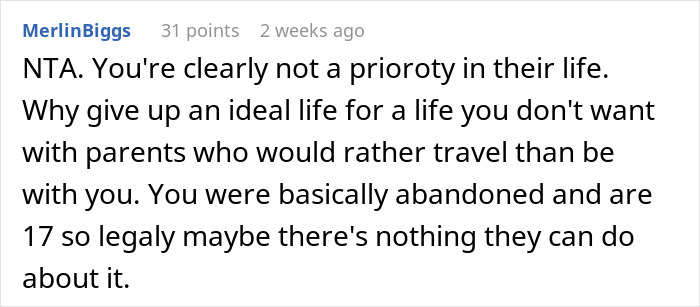 Comment discussing a 17YO’s life shaken up after parents return from a 7-year-long world trip, feeling abandoned and unwanted. Comment discussing a 17YO’s life shaken up after parents return from a 7-year-long world trip, feeling abandoned and unwanted.