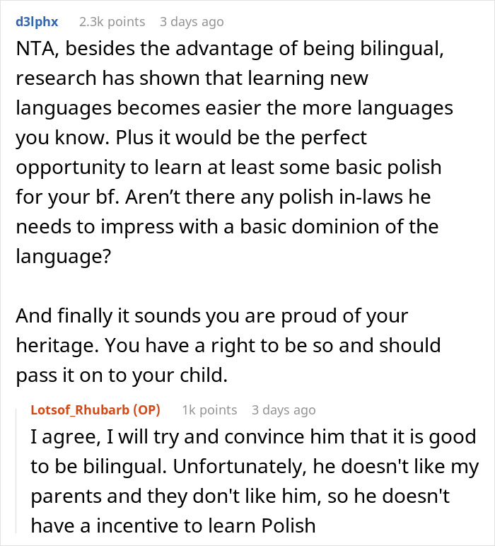 Comment discussion on a woman speaking Polish to her kid despite boyfriend’s request, focusing on bilingual parenting. Comment discussion on a woman speaking Polish to her kid despite boyfriend’s request, focusing on bilingual parenting.