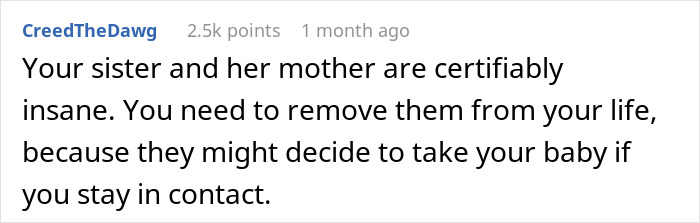 Comment warning about family demanding woman give her baby to sister, highlighting family and baby custody conflict. Comment warning about family demanding woman give her baby to sister, highlighting family and baby custody conflict.
