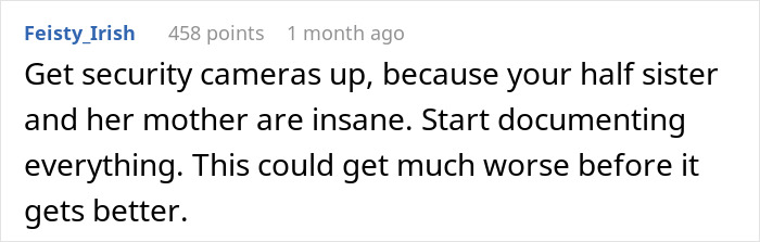 Text comment about family demanding woman give baby to her sister, warning to get security cameras and document everything. Text comment about family demanding woman give baby to her sister, warning to get security cameras and document everything.