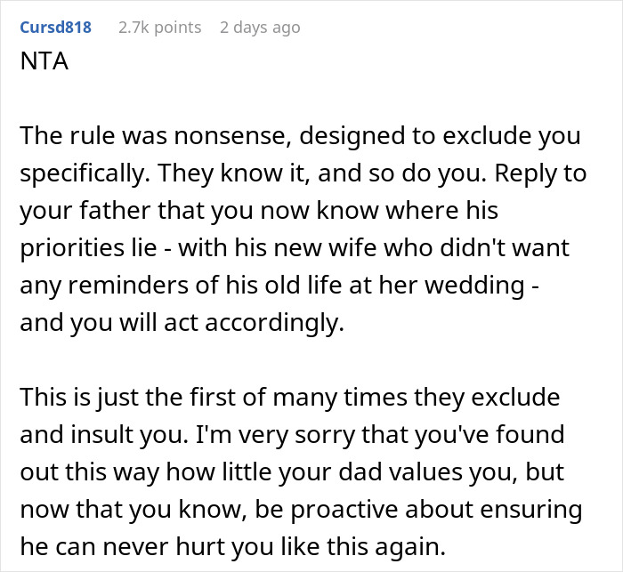 Teen Called A “Selfish Brat” For Exposing Why Dad And Stepmom Excluded Her From Wedding Teen Called A “Selfish Brat” For Exposing Why Dad And Stepmom Excluded Her From Wedding