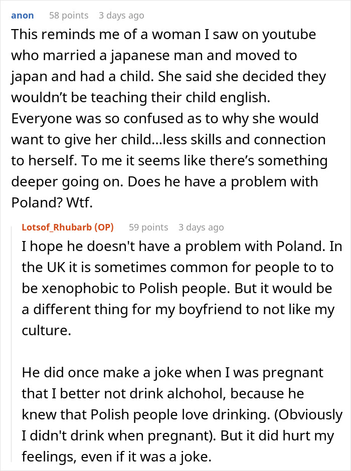 Reddit conversation about a woman speaking Polish to their child despite boyfriend’s request, questioning if she’s a jerk. Reddit conversation about a woman speaking Polish to their child despite boyfriend’s request, questioning if she’s a jerk.