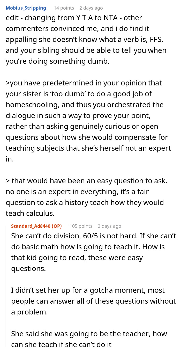 Person Makes Their Sister Cry By Quizzing Her After She Claimed She Would Homeschool Her Kid Person Makes Their Sister Cry By Quizzing Her After She Claimed She Would Homeschool Her Kid