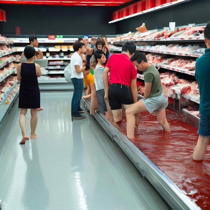 People Using The Meat Isle Of A Grocery Store As A Bath