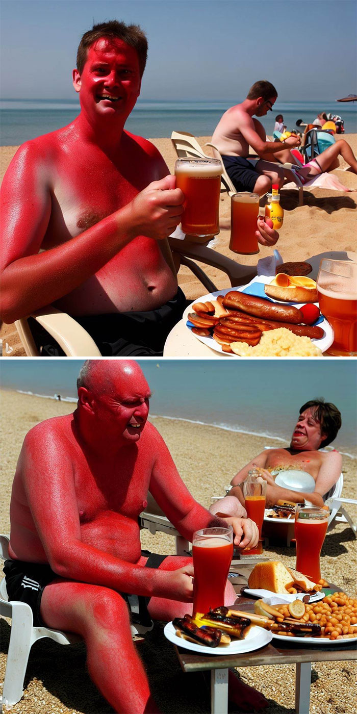 Sunburnt British People On The Beach, Eating Full English Breakfasts And Drinking Pints Of Beer