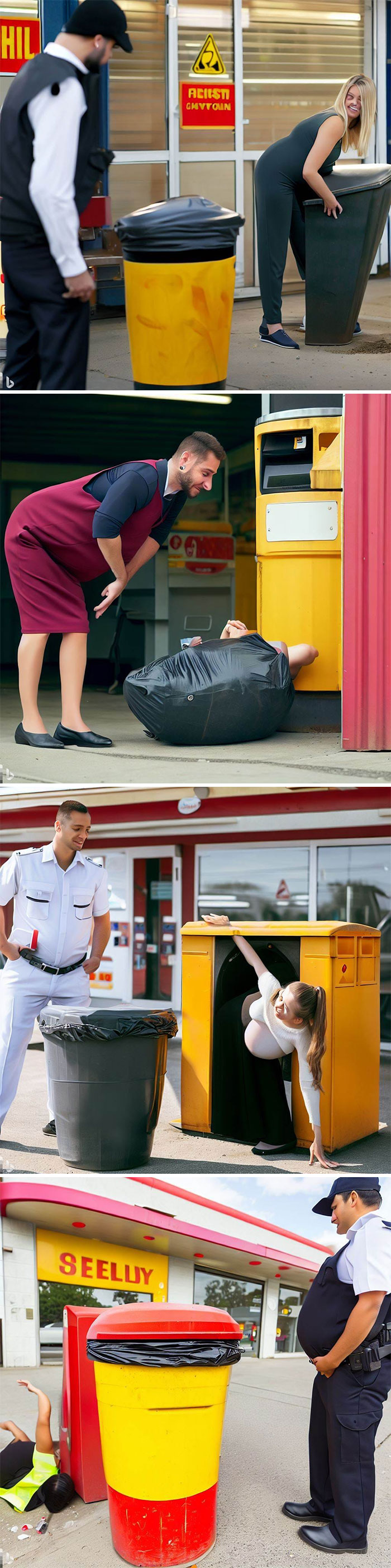 A Security Guard Watching A Pregnant Woman Dig Through A Trash Can At A Shell Station