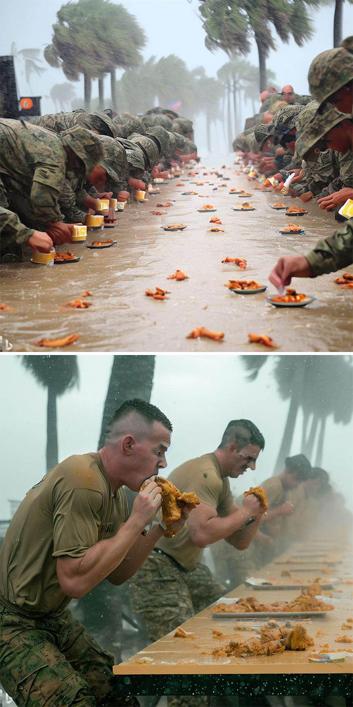 “Soldiers Competing In A Endless Fried Chicken Eating Competition During A Hurricane In Florida”