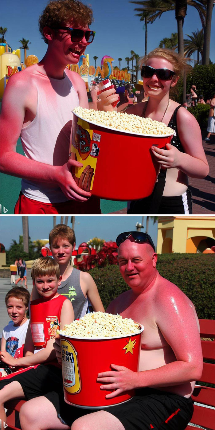 Sunburnt British People In Disney World, Florida, Eating Popcorn From A Big Bucket