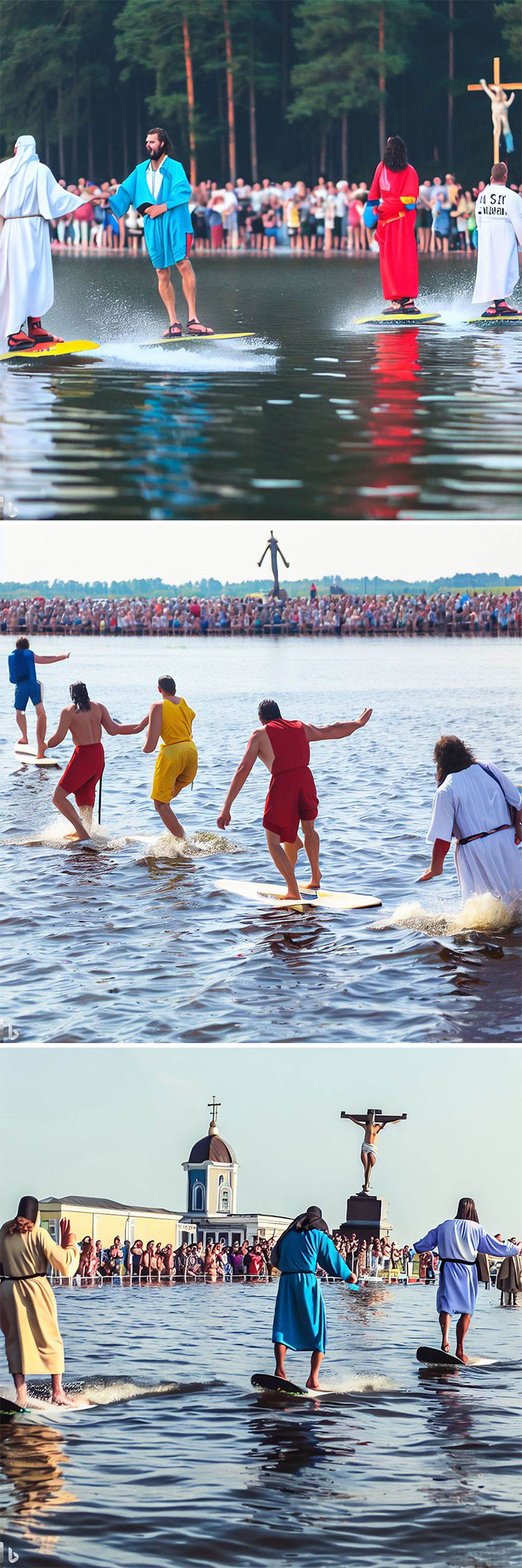 Extreme Walking-On-Waters Competition Among Jesus Christ Doppelgangers (I Love How Ai Keeps It Real With The Boards)