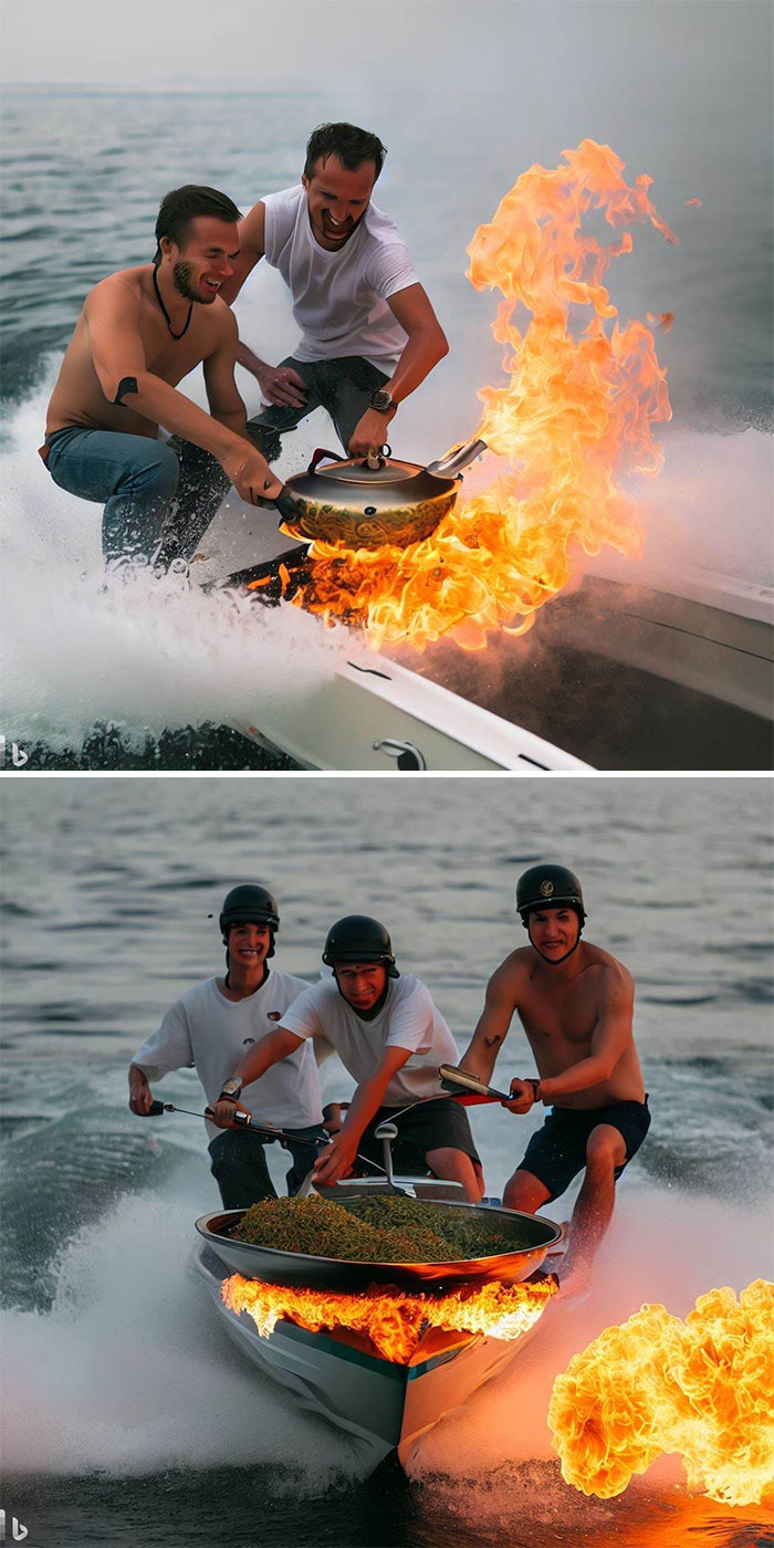 "Guys On Fast Speedboat Cooking Stir Fry Rice With A Lot Of Flames"