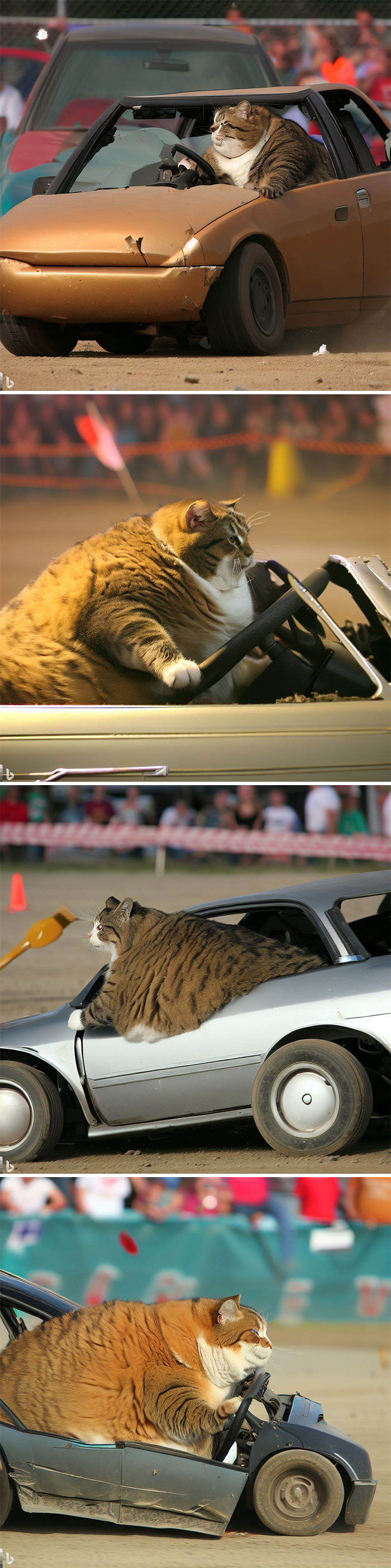Extremely Fat Cat Driving A Honda Civic At A Demolition Derby