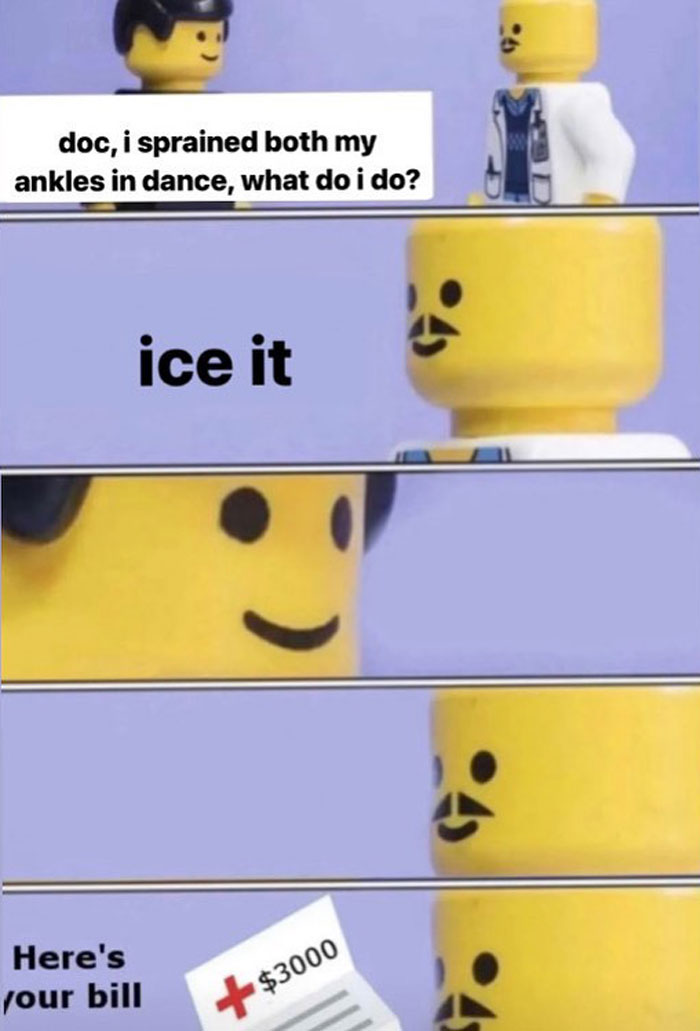 Lego doctor meme suggesting to ice ankle after a dance injury with a $3000 bill punchline.