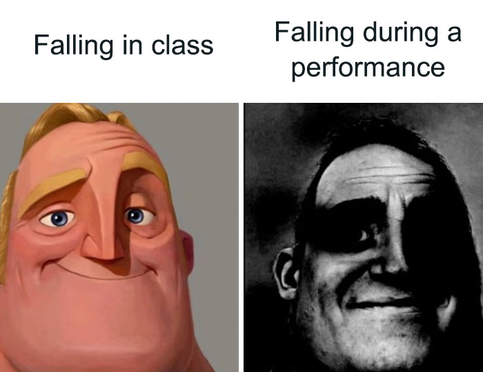 Cartoon dance meme showing "falling in class" vs. "falling during a performance" with contrasting facial expressions.