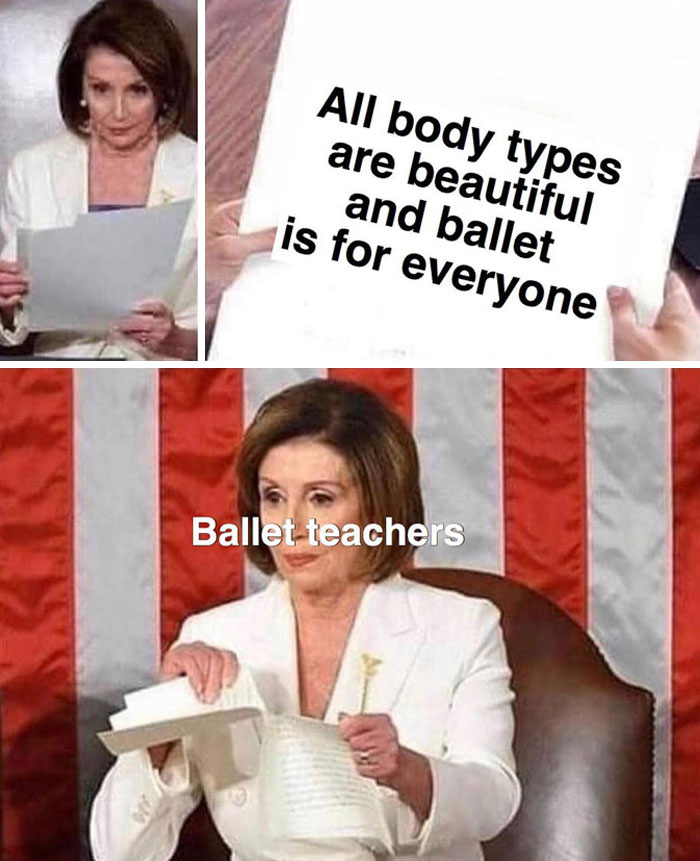 Ballet dance meme showing teachers disagreeing with inclusivity of all body types in ballet.
