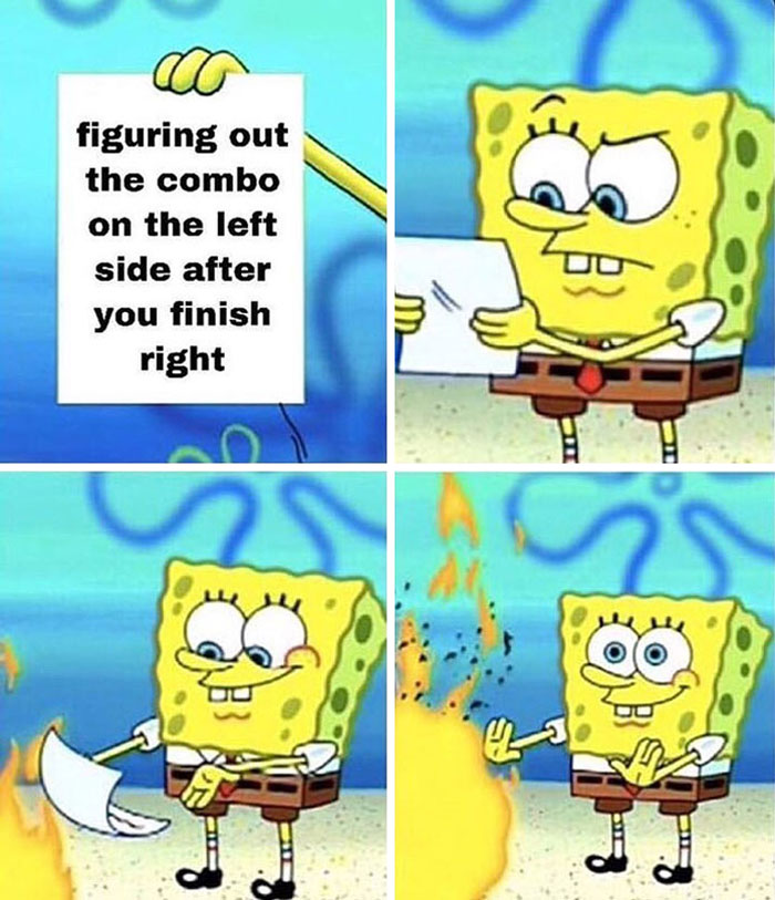 spongebob giving up on figuring out how to do the combo on the left meme