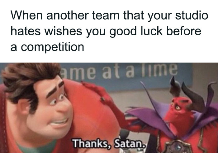Dance meme showing a humorous exchange with cartoon characters wishing good luck sarcastically.