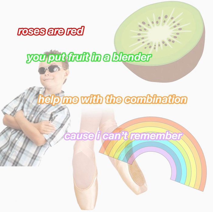 A humorous dance meme featuring a kiwi, a kid in sunglasses, ballet shoes, and a rainbow with playful text.