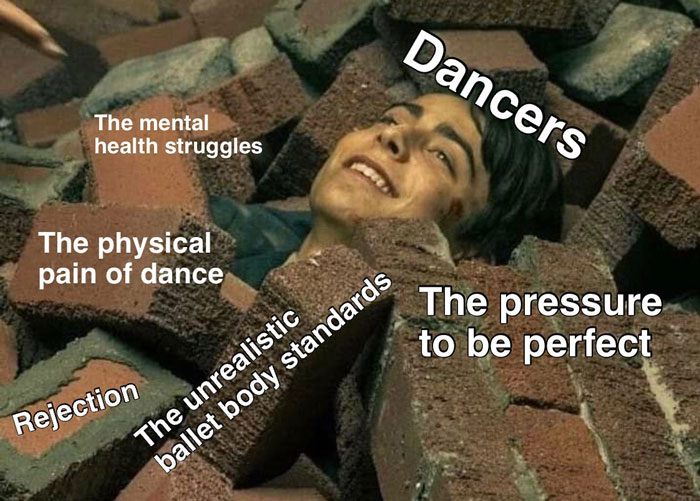 Dancers weighed down by struggles, illustrating mental health and physical challenges in a funny dance meme.