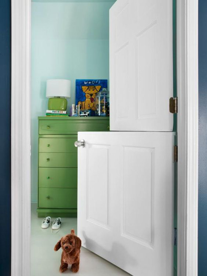 White dutch door and green bedroom drawer 