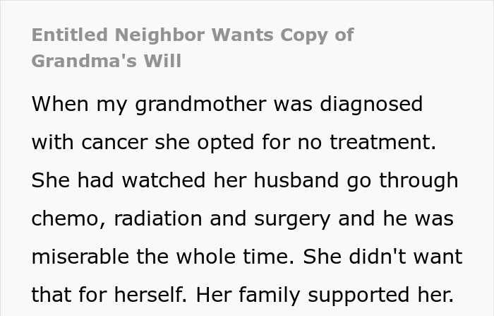 Entitled Neighbor Thinks He Has The Right To Grandma's Will And Inheritance, Gets Laughed At Entitled Neighbor Thinks He Has The Right To Grandma's Will And Inheritance, Gets Laughed At