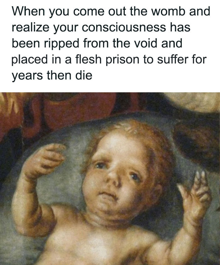 your consciousness placed in a flesh prison to suffer victorian baby meme