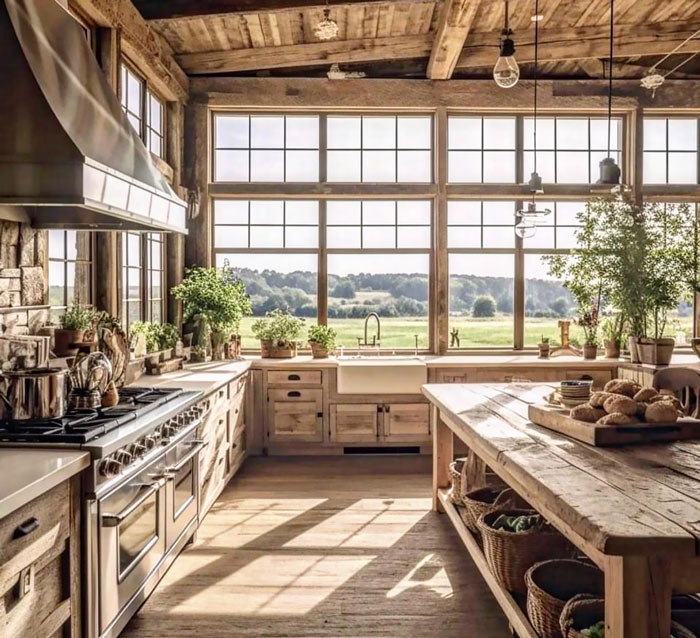 Wooden farmhouse kitchen with baskets and tables