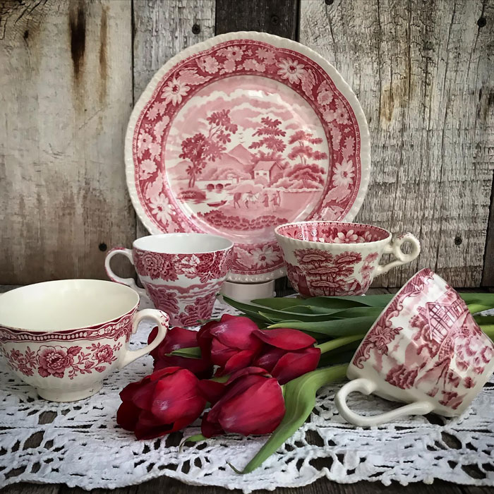 Vintage red porcelain with tulips and cups